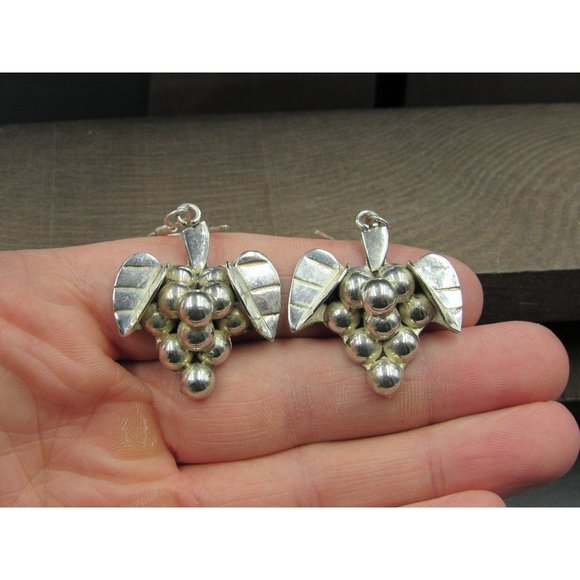 Sterling Silver Large Heavy Grape Cluster Rustic Earrings - Picture 1 of 6
